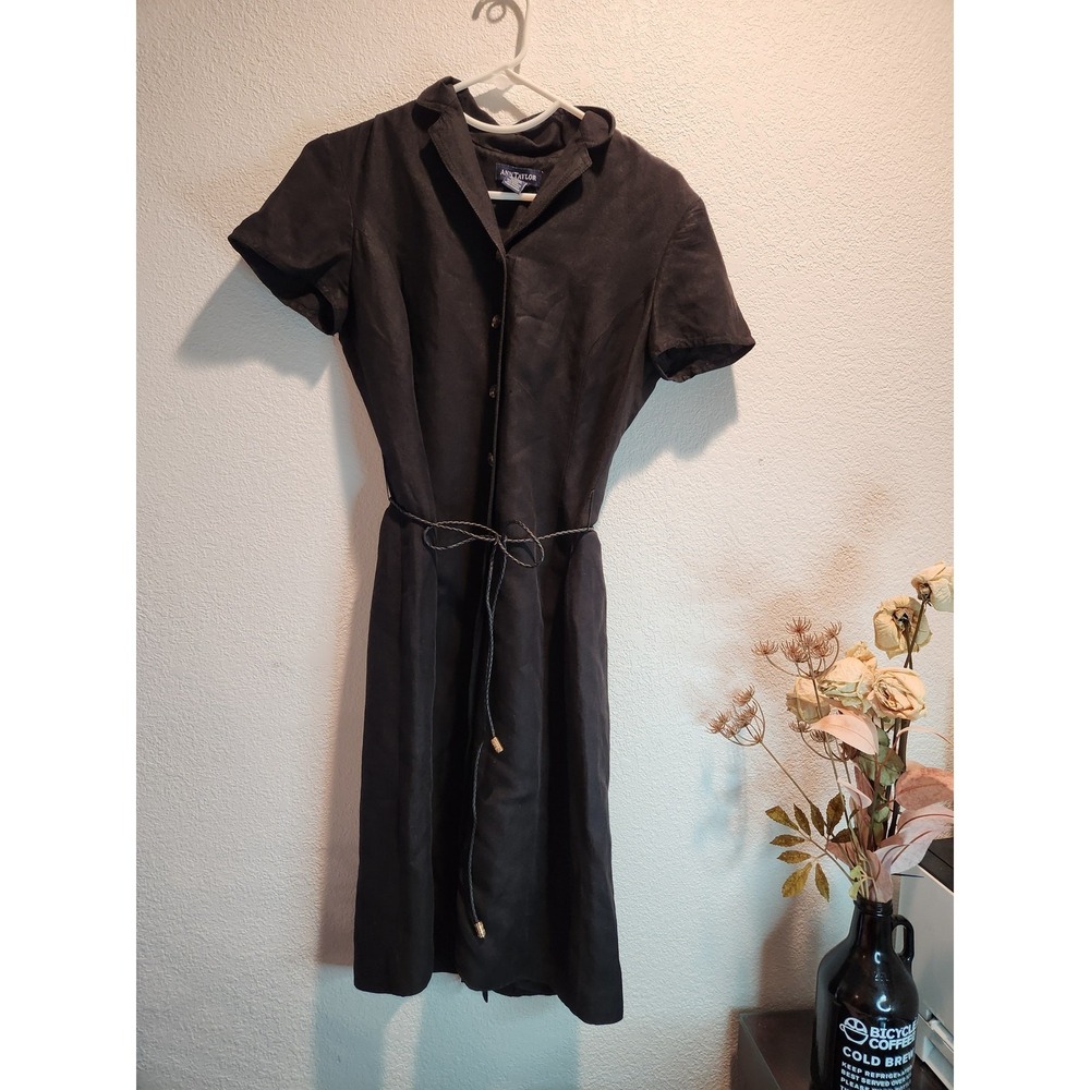 Vintage 90's Ann Taylor Black Linen Shirt Dress with Tie Belt (Size 2)